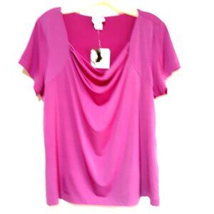 Jaclyn & Smith Womens XL Draped Neck Short Sleeve Top In Vibrant Magenta NOS